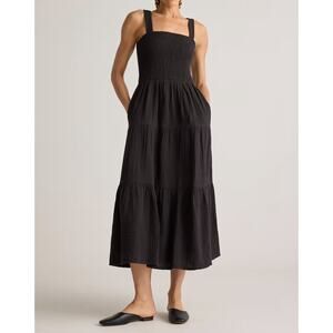 Quince NWOT Organic Cotton Gauze Smocked Sleeveless Maxi Dress Black Sz Med Eco